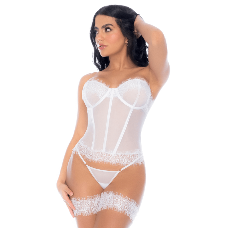 Conjunto blanco de 4 piezas, que incluye un corpiño, un tanga y 2 ligueros.