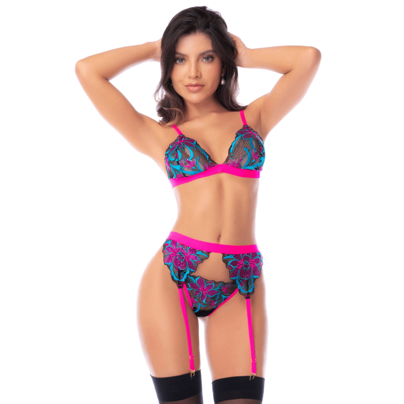 Ensemble lingerie 3 pièces bleu et rose brodé avec sequins