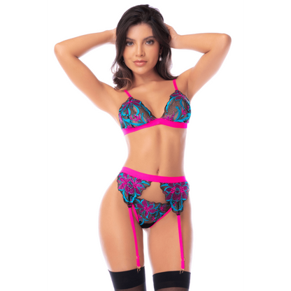 Ensemble lingerie 3 pièces bleu et rose brodé avec sequins