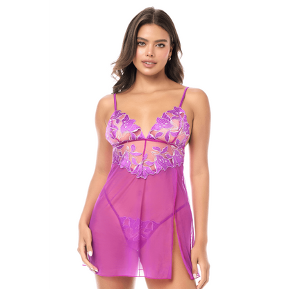 Babydoll sexy en résille brodée florale et string