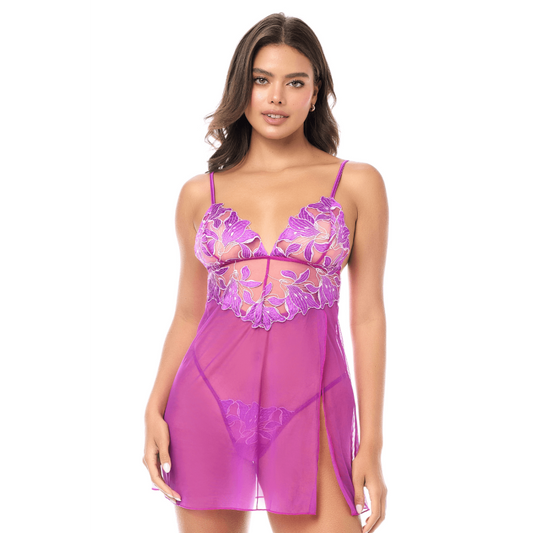 Babydoll sexy en résille brodée florale et string