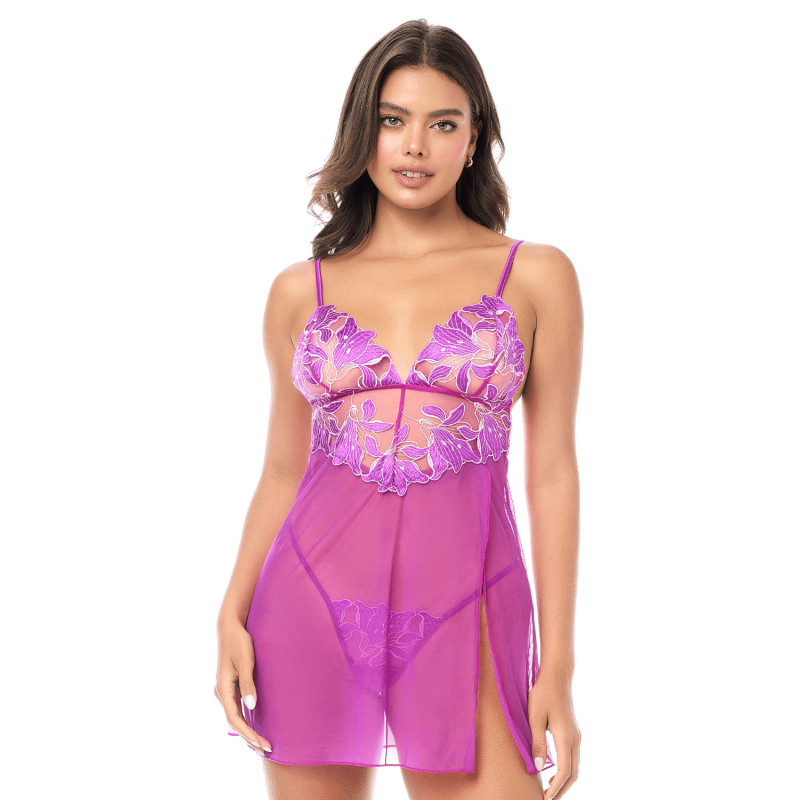 Babydoll sexy de malla bordada floral y tanga