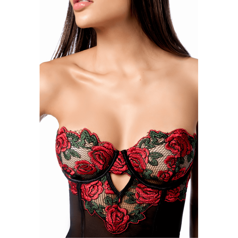 Babydoll sexy à armatures Mapalé broderie roses et string