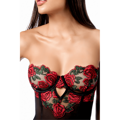 Babydoll sexy à armatures Mapalé broderie roses et string