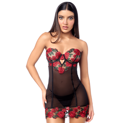 Babydoll sexy à armatures Mapalé broderie roses et string