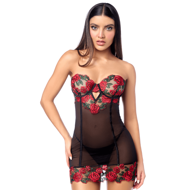 Babydoll sexy con aros de Mapalé con bordado de rosas y tanga