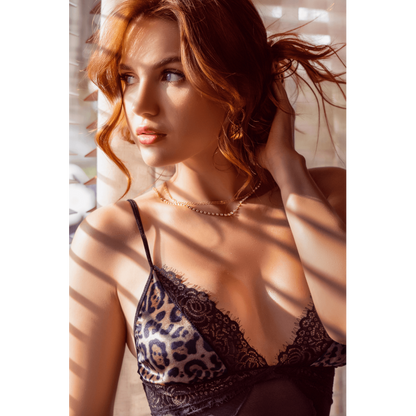 Babydoll noir en maille transparente avec dentelle imprimé animal