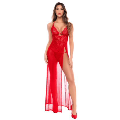 Robe longue transparente rouge en dentelle et résille avec string - Mapalé