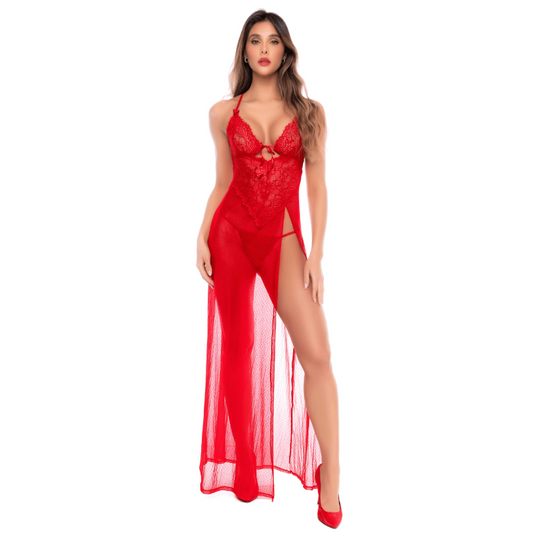 Robe longue transparente rouge en dentelle et résille avec string - Mapalé