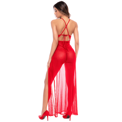 Robe longue transparente rouge en dentelle et résille avec string - Mapalé