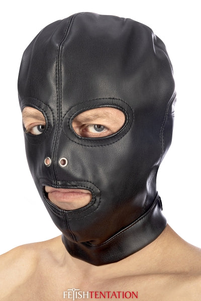 Capucha BDSM 3 aberturas de piel sintética - Fetish Tentation