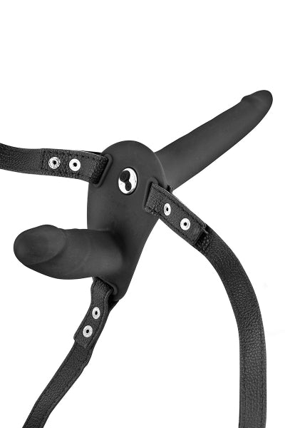 Doble consolador con arnés negro vibrador - Tentación Fetichista