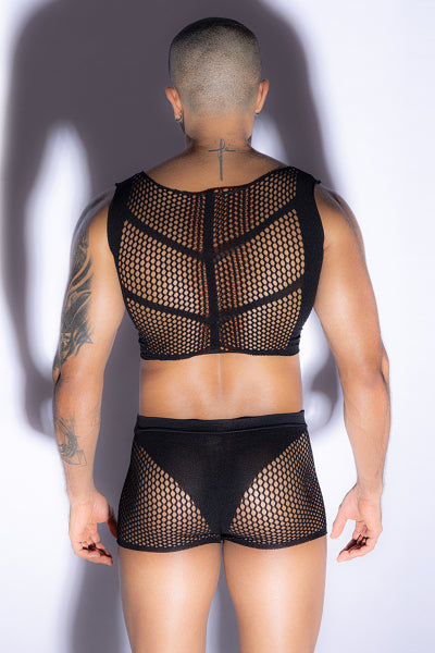 Ensemble top et boxer noir en maille résille - J Lingerie