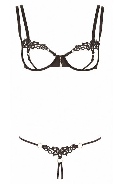 Conjunto de lencería de encaje con tanga abierto y top sin tirantes negro - Cottelli Lingerie