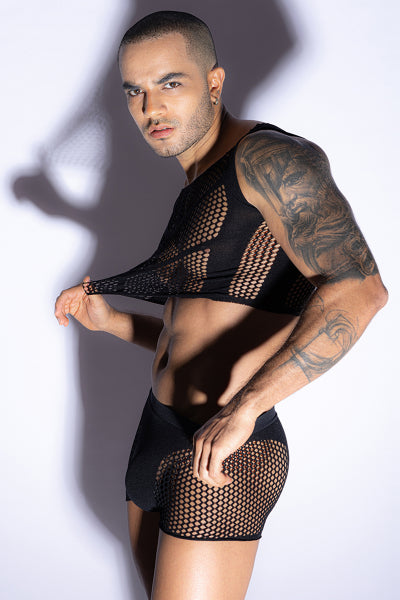 Ensemble top et boxer noir en maille résille - J Lingerie