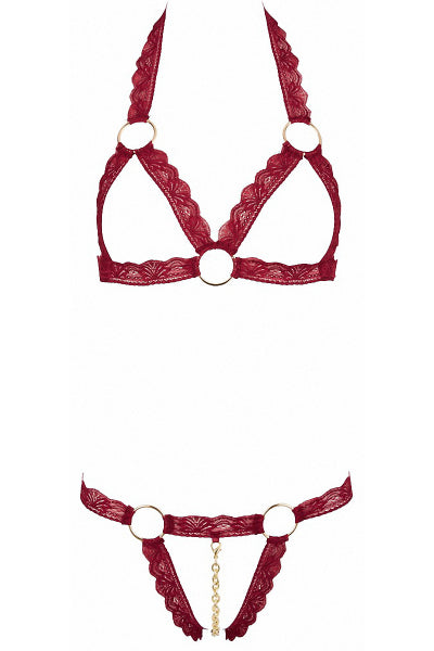 Conjunto de tanga abierta y sujetador sin copas burdeos - Cottelli Lingerie