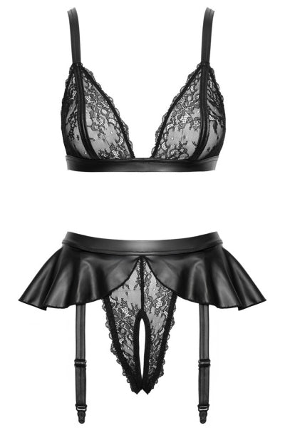 Sujetador y braguita abierta con ligueros negra - Cottelli LINGERIE