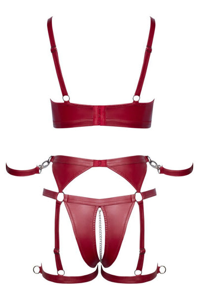 Conjunto de sujetador y bragas con ligueros abiertos rojos - Cottelli BONDAGE