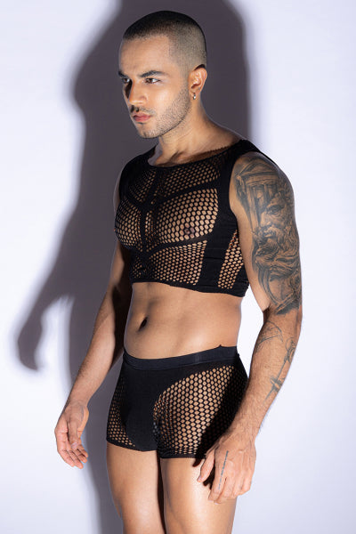 Ensemble top et boxer noir en maille résille - J Lingerie