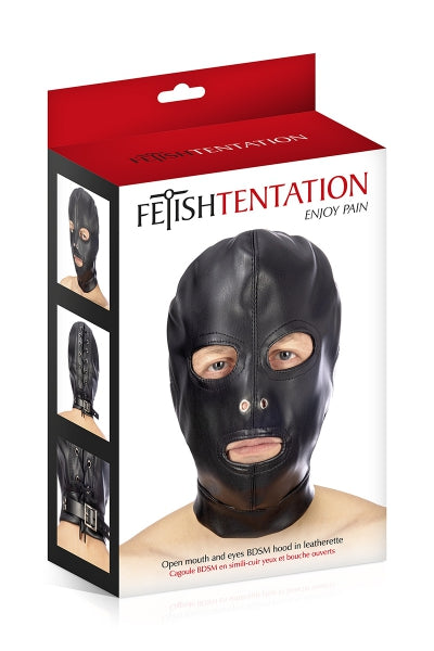 Capucha BDSM 3 aberturas de piel sintética - Fetish Tentation